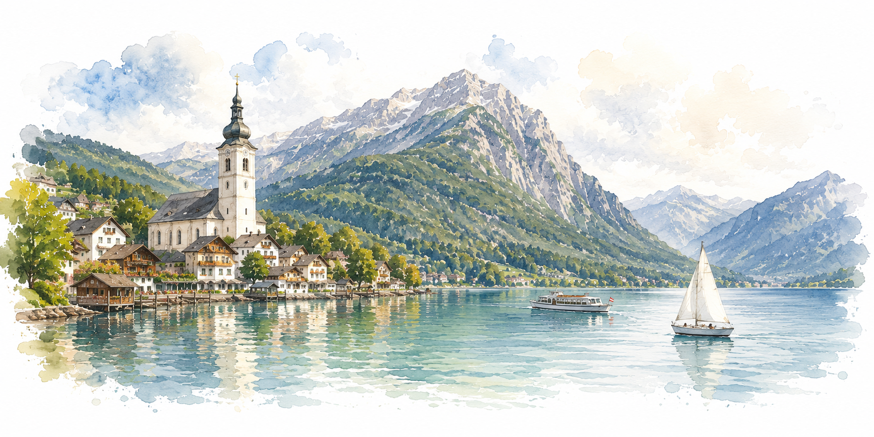 Watercolor illustration of Wolfgangsee, Austria